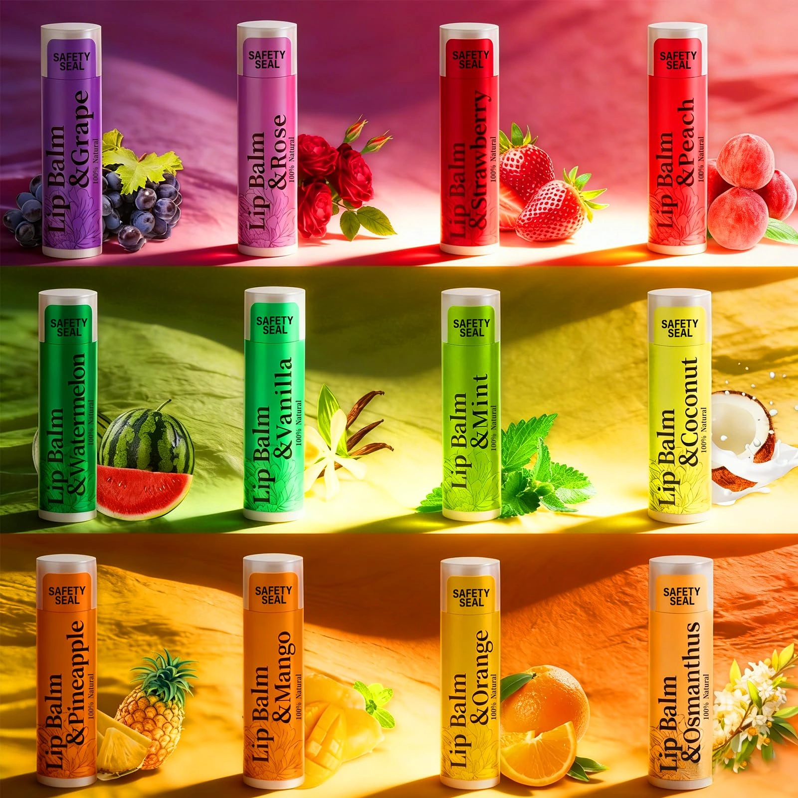 RBUGR lip balms in twelve colorful flavors